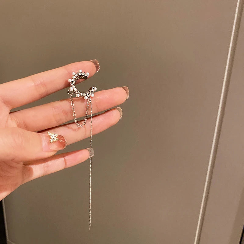 Multi-Layer Clip Earrings with Zircon & Pearl – No Piercing Tassel Design