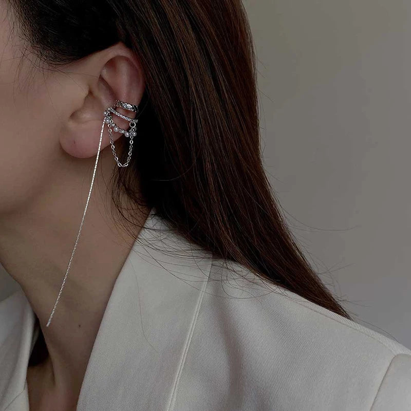 Multi-Layer Clip Earrings with Zircon & Pearl – No Piercing Tassel Design