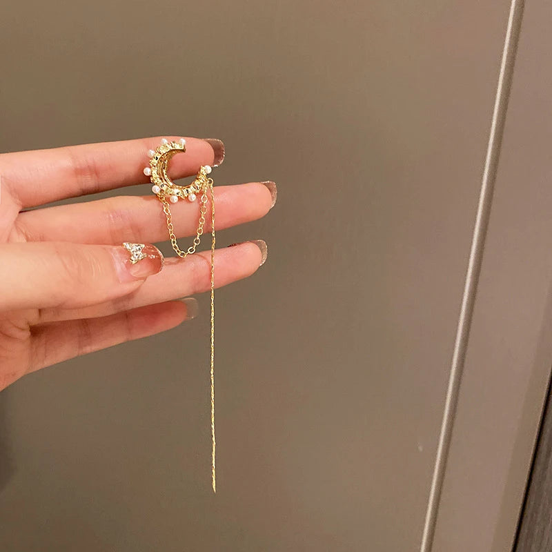 Multi-Layer Clip Earrings with Zircon & Pearl – No Piercing Tassel Design