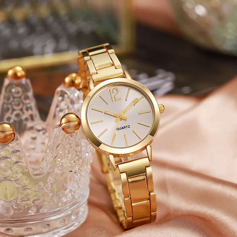Women’s 2-Piece Watch & Bracelet Set – Gold Quartz Wristwatch