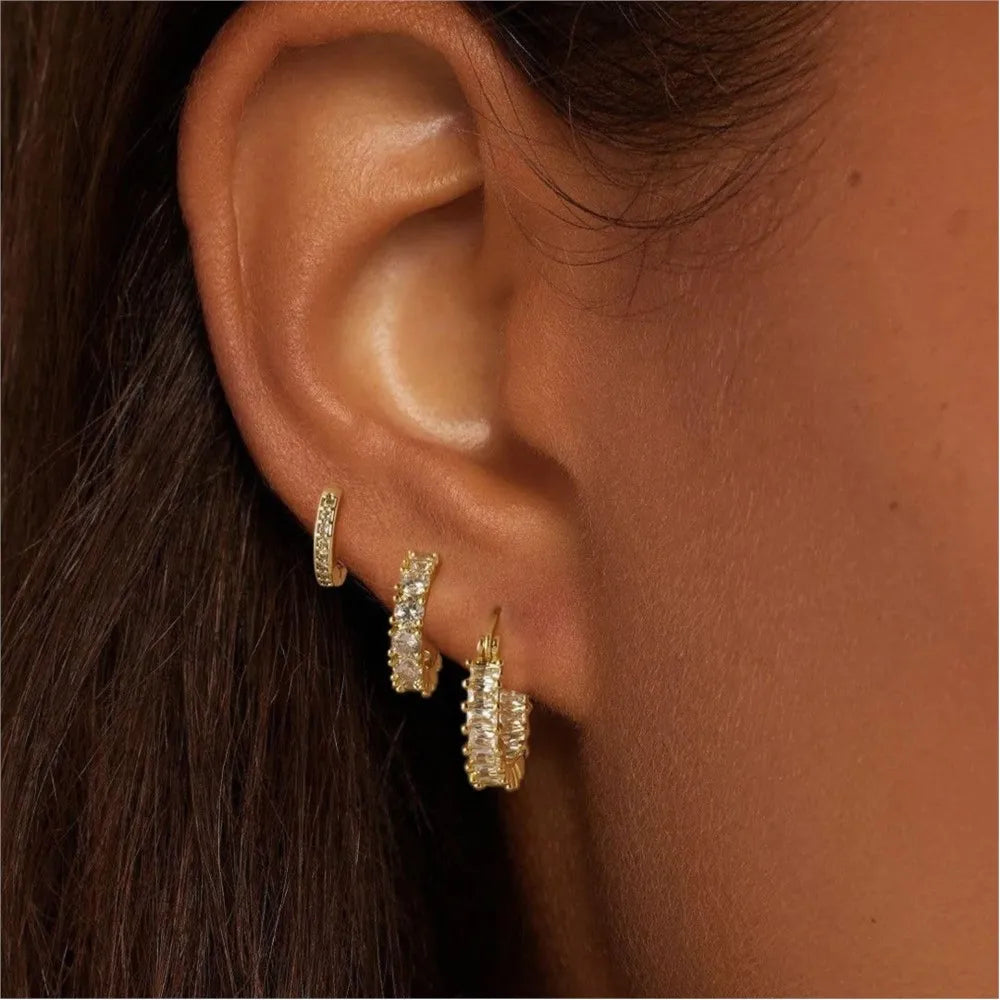3-Piece Gold-Plated Huggie Hoop Earrings Set – Cubic Zirconia