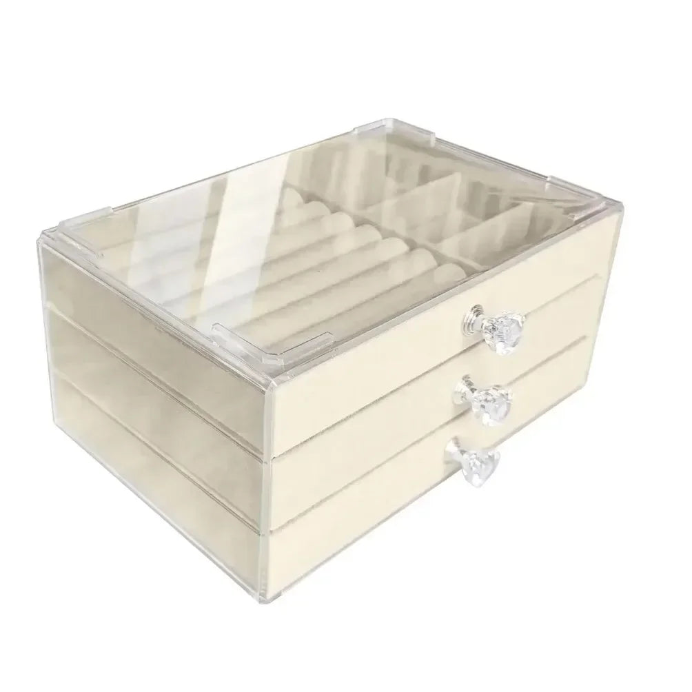 Velvet Jewelry Organizer with 3 Drawers – Stackable Acrylic Storage Box