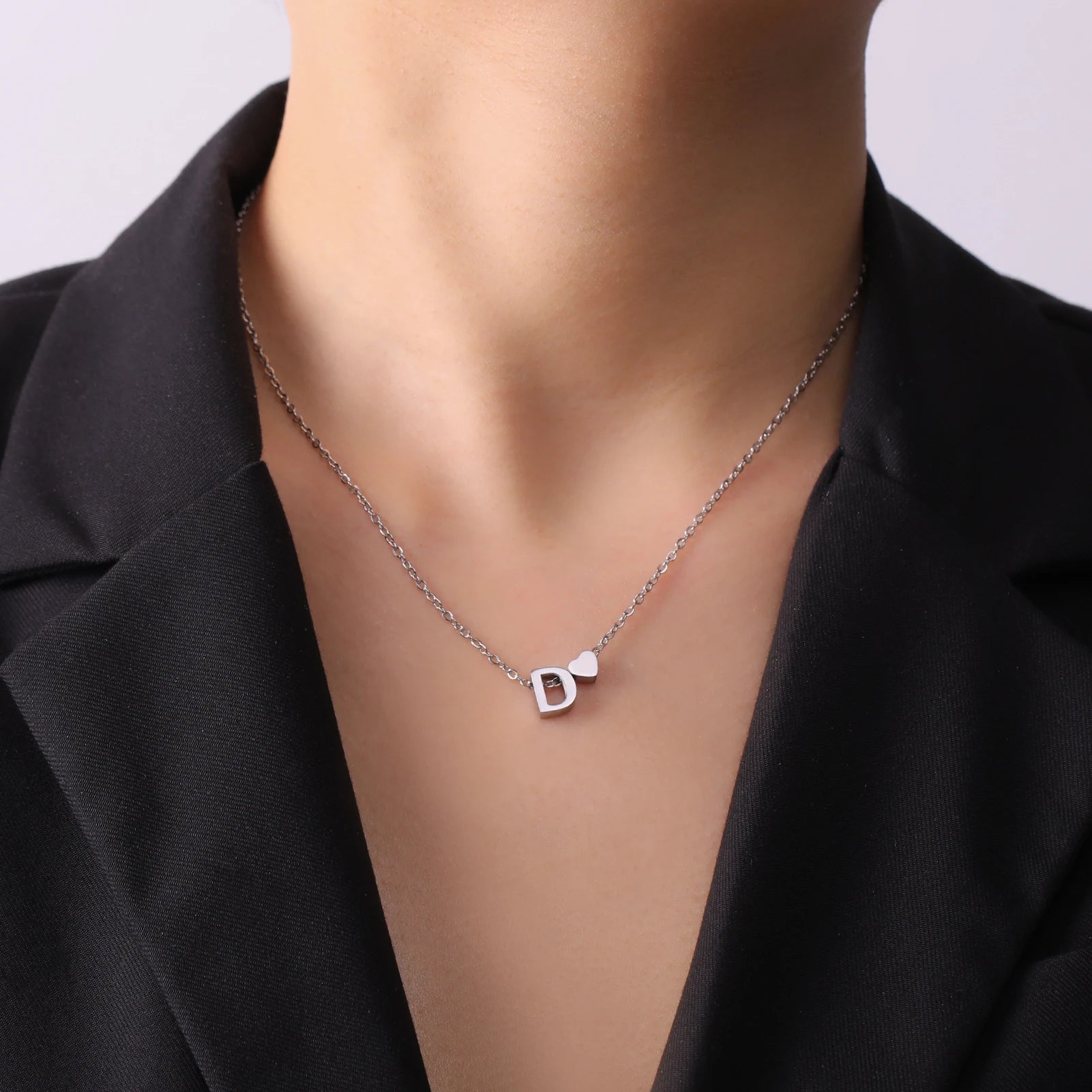 Initial Letter Necklace with Mini Heart – Stainless Steel A–Z Pendant Chain
