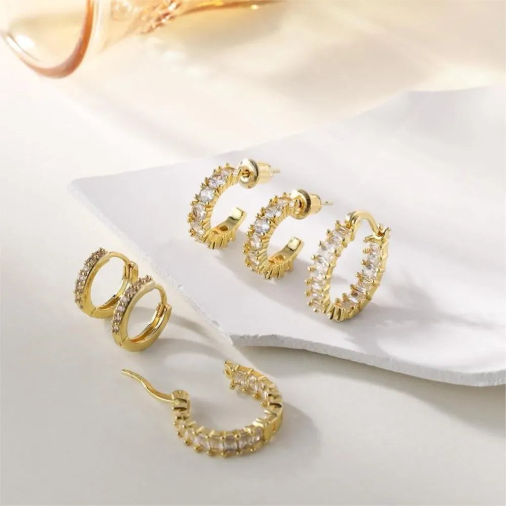 3-Piece Gold-Plated Huggie Hoop Earrings Set – Cubic Zirconia