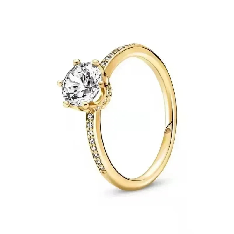 Gold-Plated Heart Crown Zircon Ring 925 Sterling Silver Pave Design