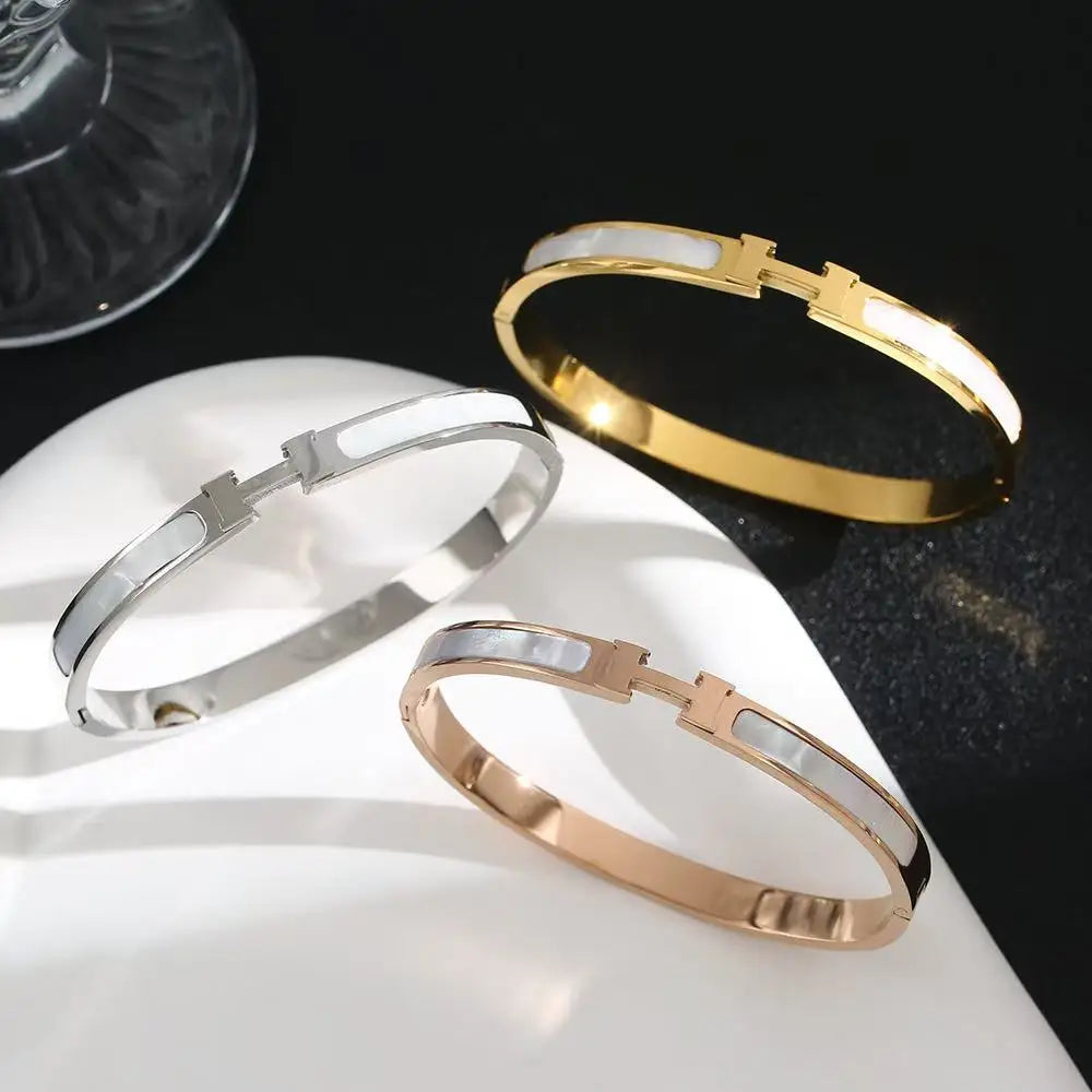 18K Gold Plated H-Bangle – Stainless Steel with Mother of Pearl
