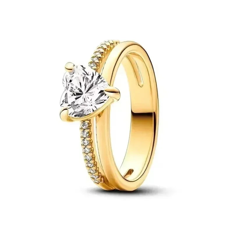 Gold-Plated Heart Crown Zircon Ring 925 Sterling Silver Pave Design