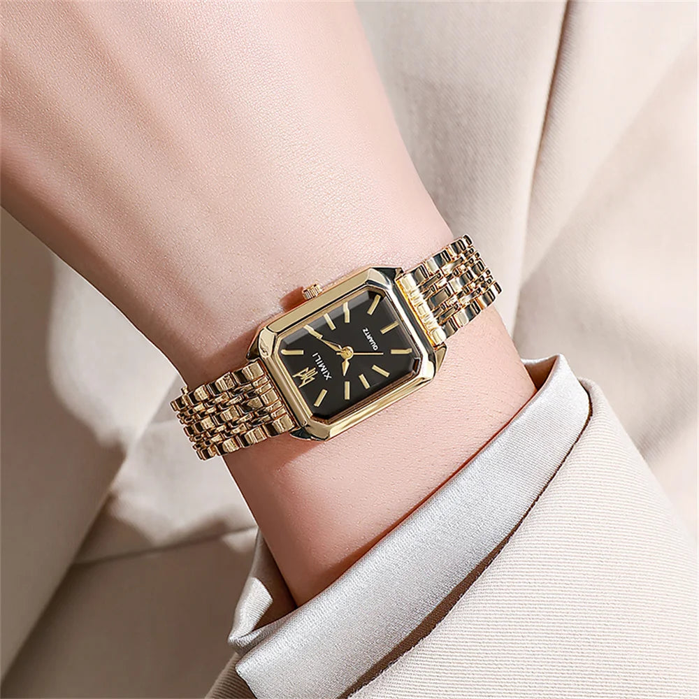 Women’s Gold Plated Rectangle Quartz Watch minimalist Stainless Steel Design