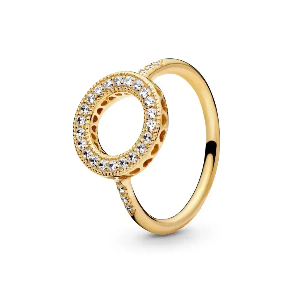 Gold-Plated Heart Crown Zircon Ring 925 Sterling Silver Pave Design