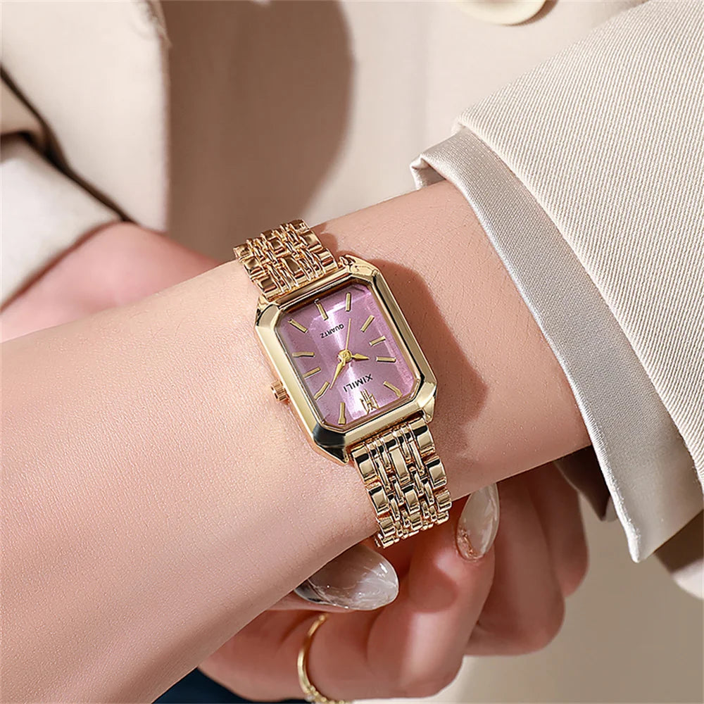 Women’s Gold Plated Rectangle Quartz Watch minimalist Stainless Steel Design