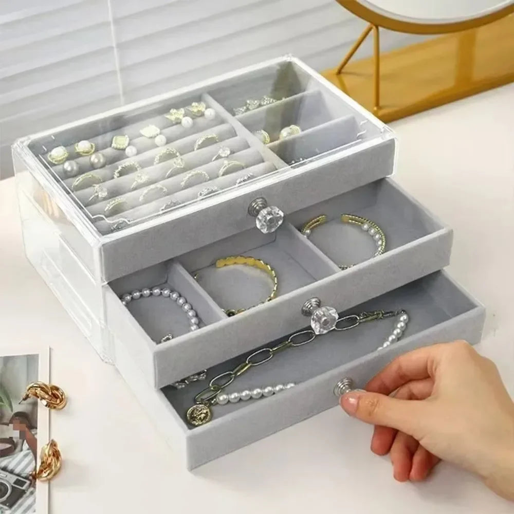 Velvet Jewelry Organizer with 3 Drawers – Stackable Acrylic Storage Box