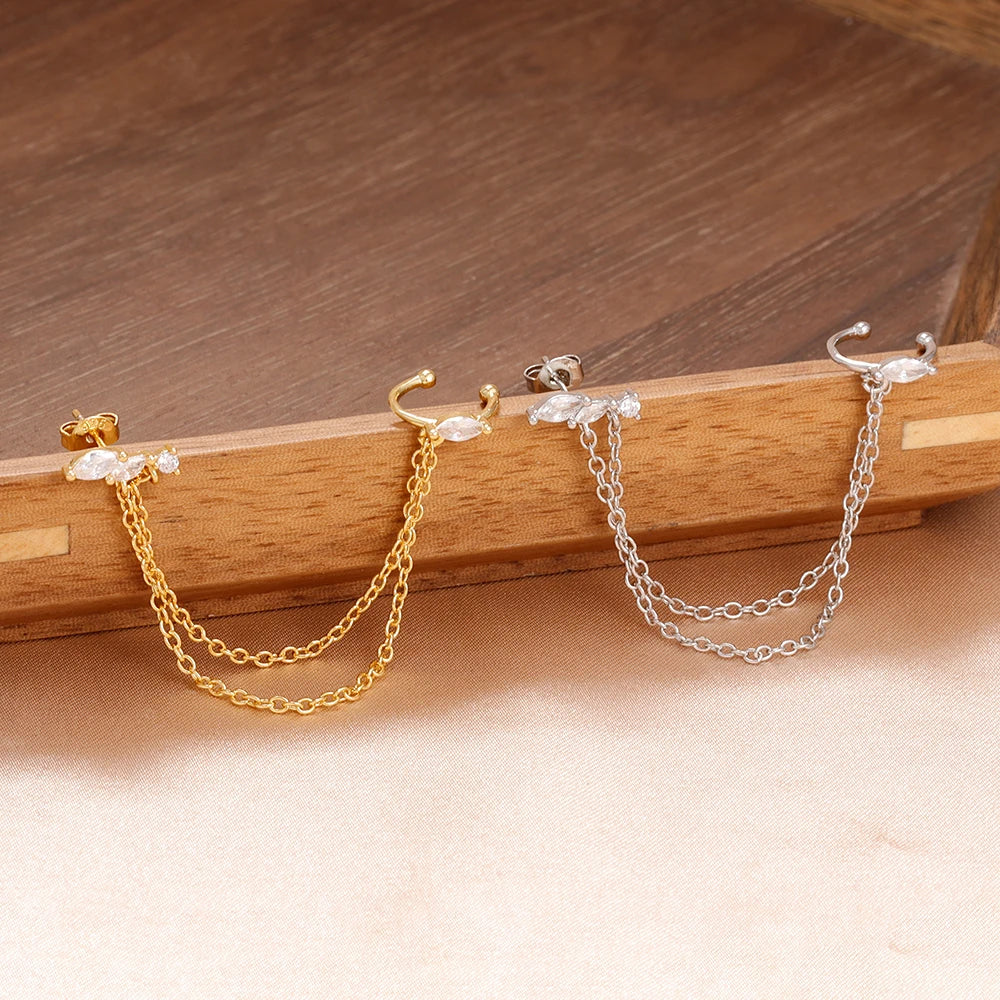 14K Gold Plated Tassel Drop Earrings – Stainless Steel with Zircon