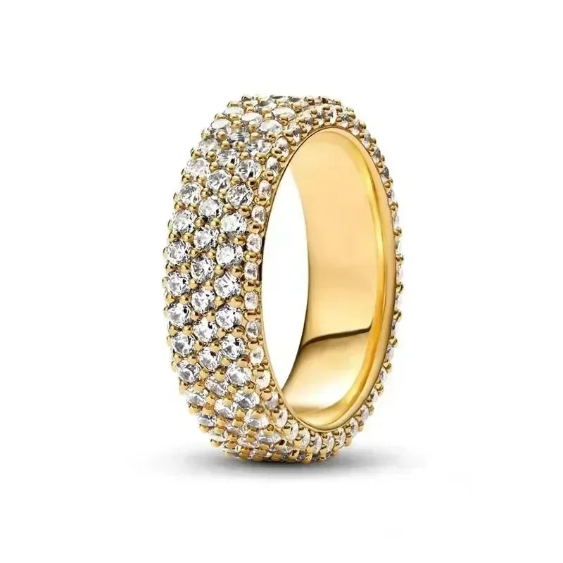 Gold-Plated Heart Crown Zircon Ring 925 Sterling Silver Pave Design