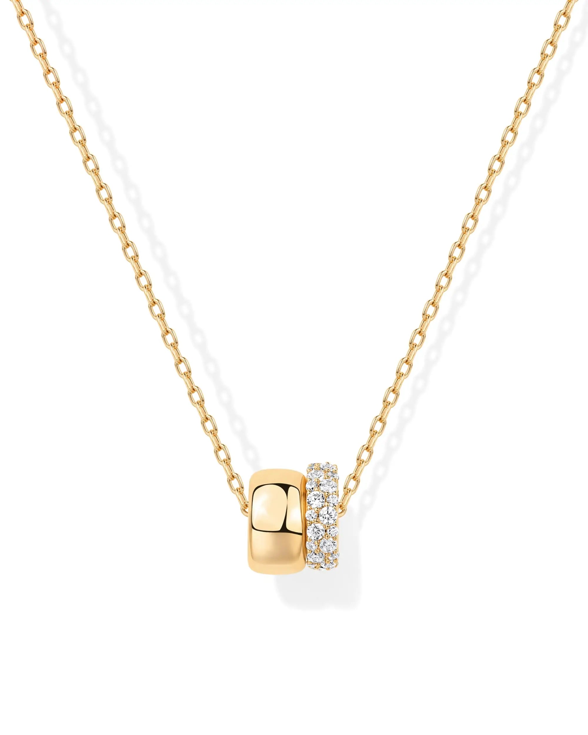 14K Gold Plated Rondelle Pendant Necklace – Two-Tone Cubic Zirconia Design