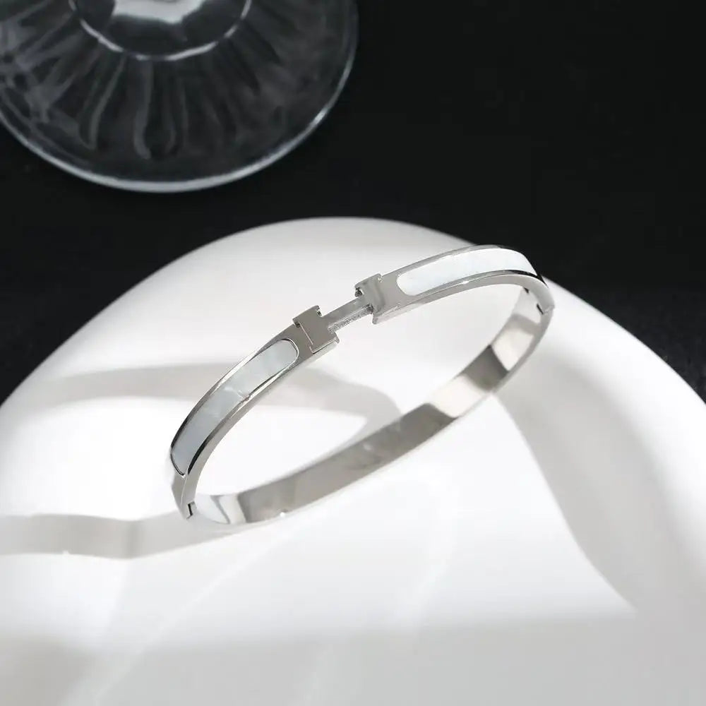 18K Gold Plated H-Bangle – Stainless Steel with Mother of Pearl