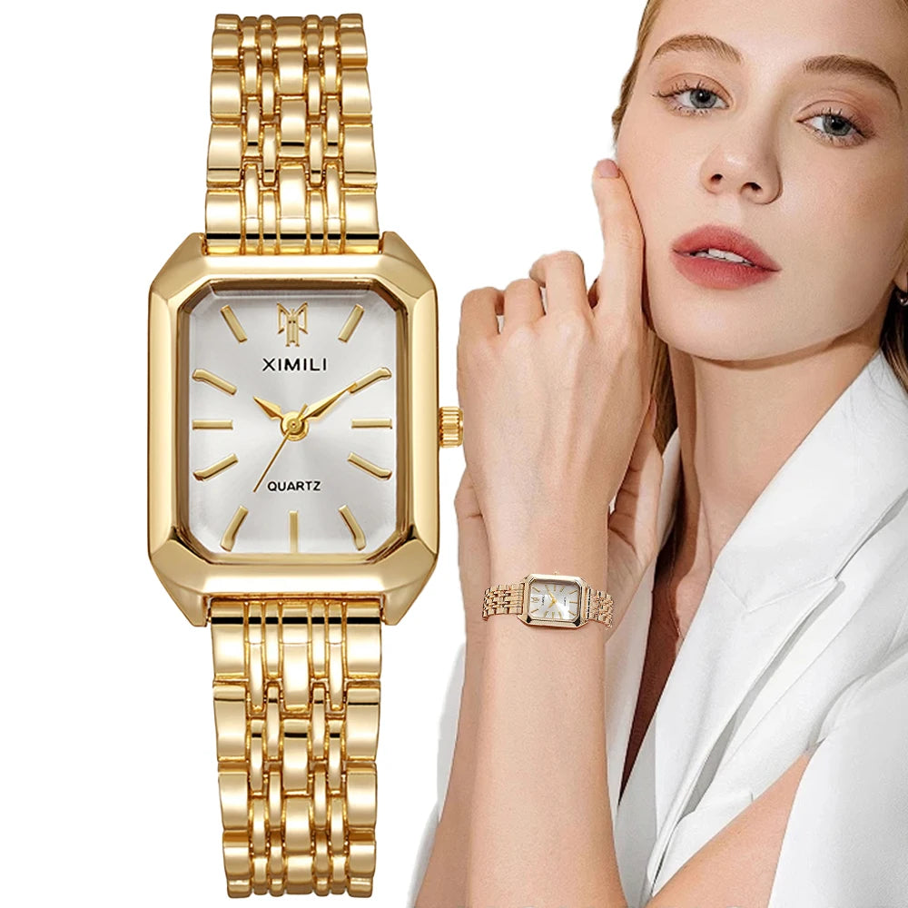Women’s Gold Plated Rectangle Quartz Watch minimalist Stainless Steel Design
