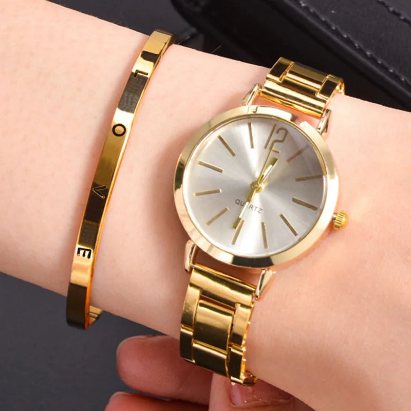 Women’s 2-Piece Watch & Bracelet Set – Gold Quartz Wristwatch