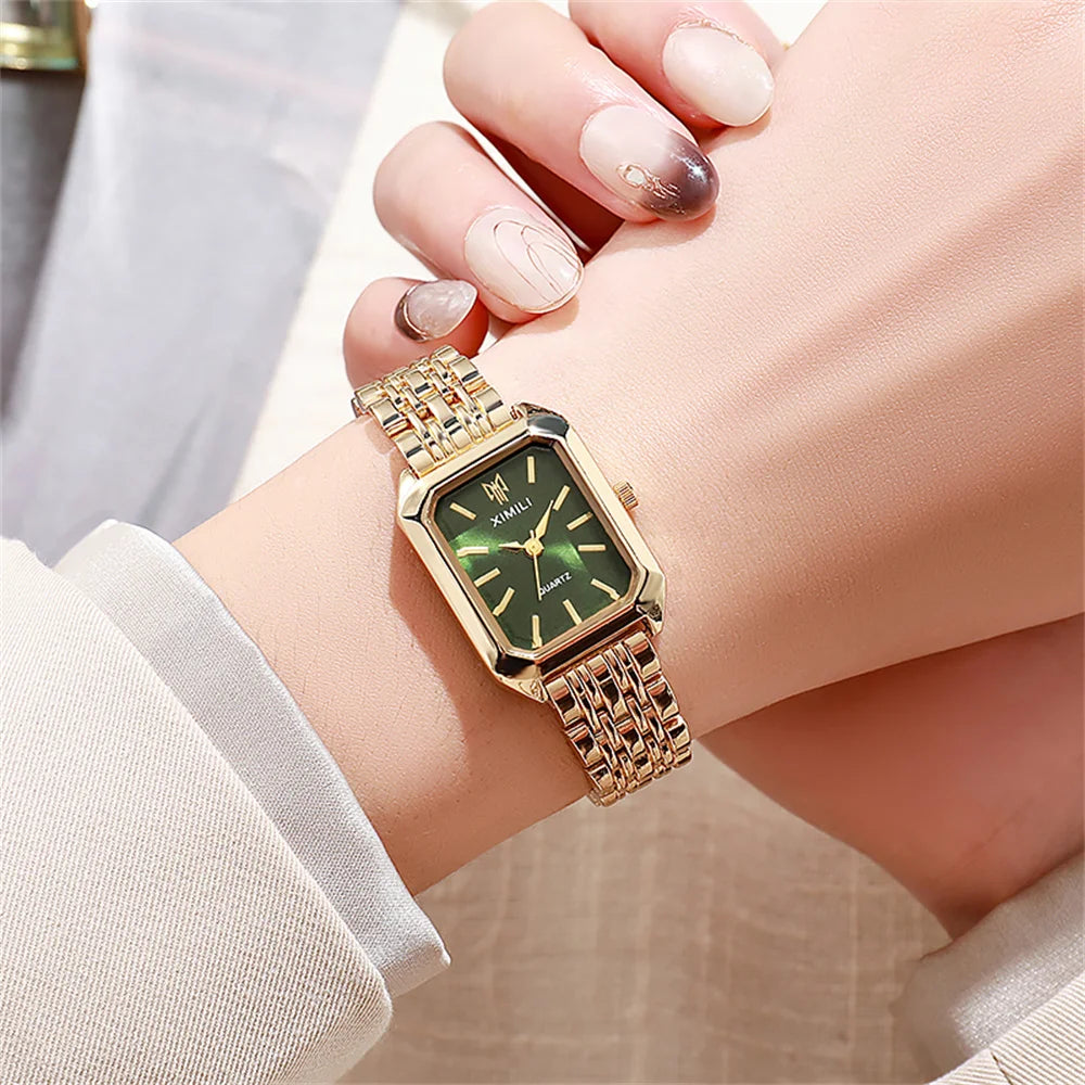Women’s Gold Plated Rectangle Quartz Watch minimalist Stainless Steel Design
