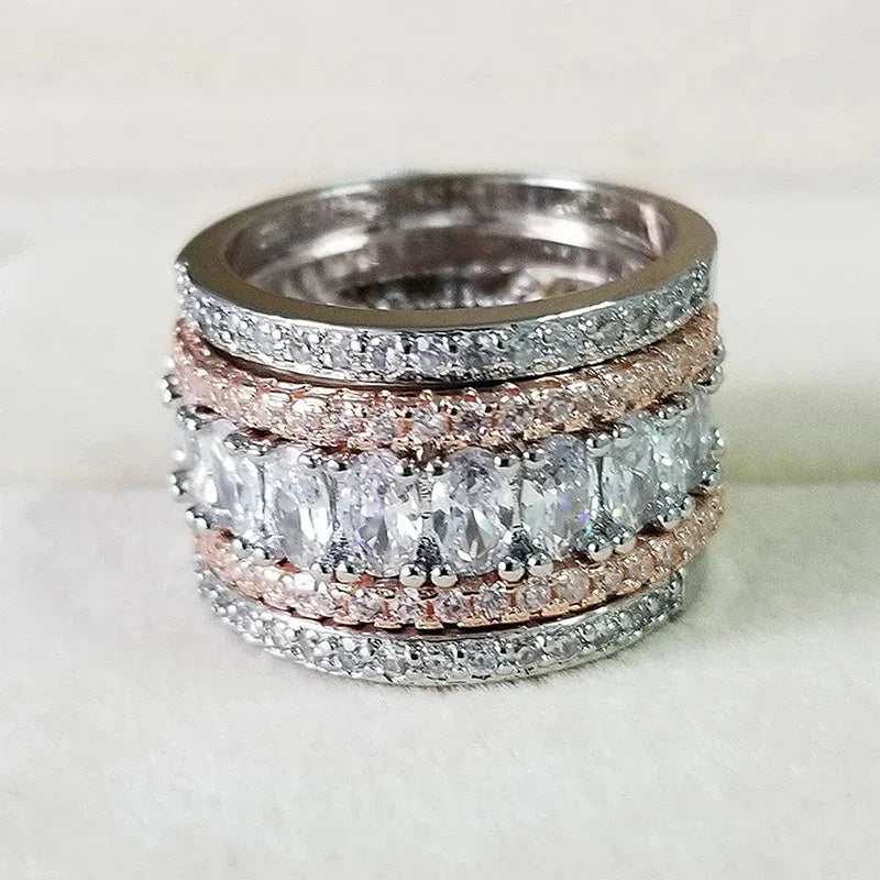 Two-Tone Wide Ring with Cubic Zirconia Luxury Statement Style