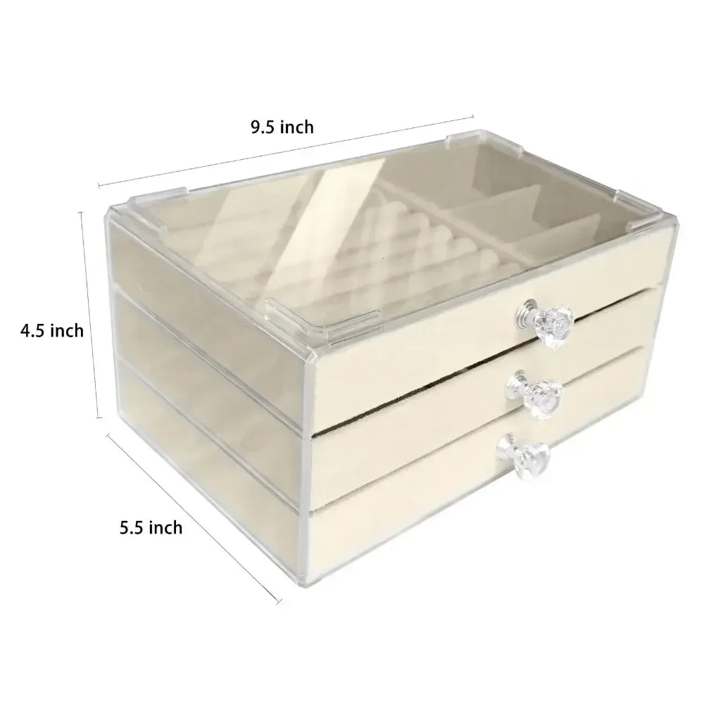Velvet Jewelry Organizer with 3 Drawers – Stackable Acrylic Storage Box