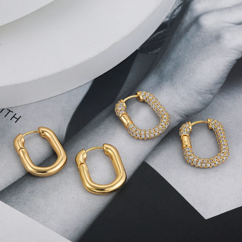 Gold Color Cubic Zirconia Hoop Earrings round Classic Design