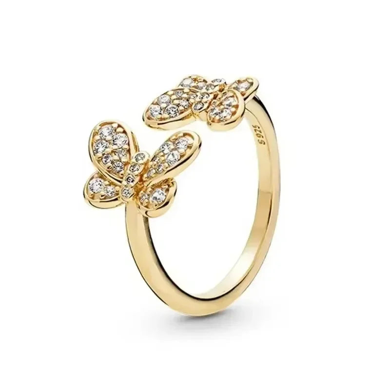 Gold-Plated Heart Crown Zircon Ring 925 Sterling Silver Pave Design