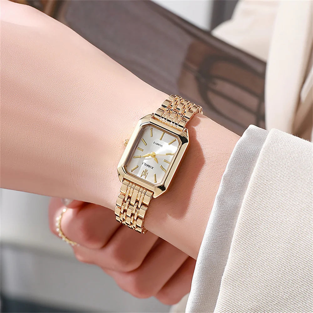 Women’s Gold Plated Rectangle Quartz Watch minimalist Stainless Steel Design
