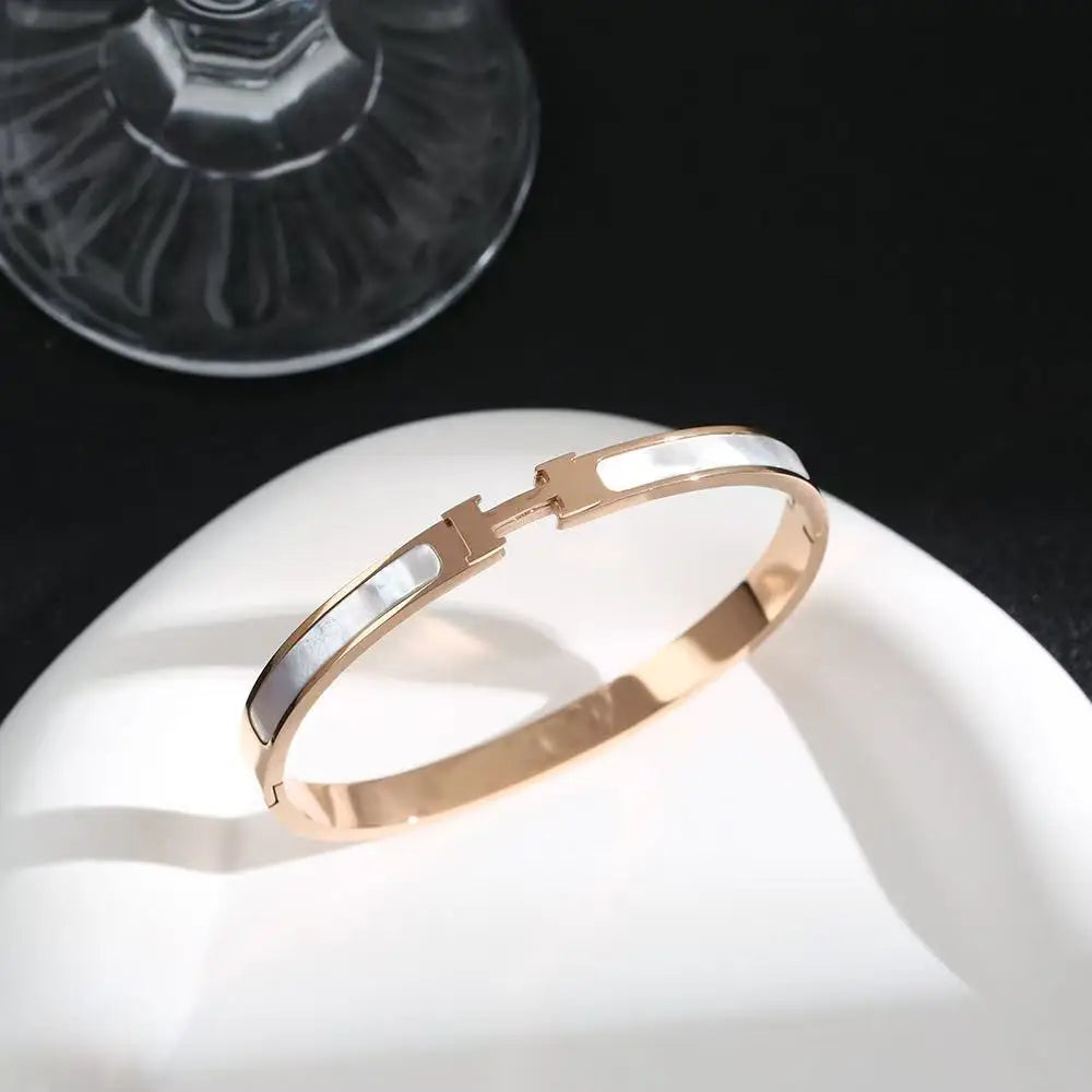 18K Gold Plated H-Bangle – Stainless Steel with Mother of Pearl