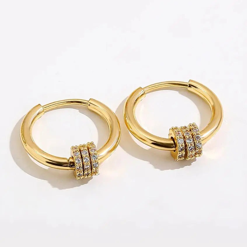 Small Gold Tone Huggie Hoop Earrings stainless Steel with CZ Charm