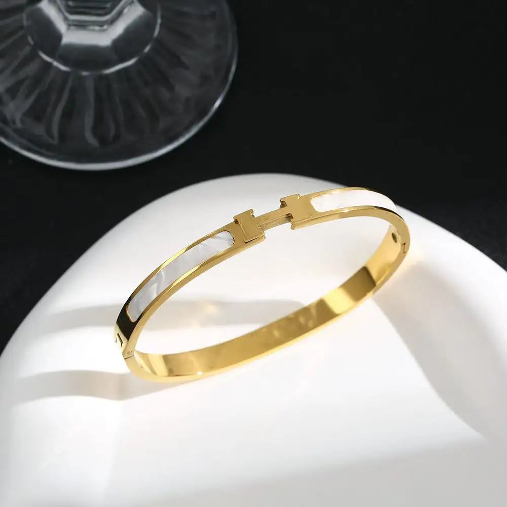 18K Gold Plated H-Bangle – Stainless Steel with Mother of Pearl